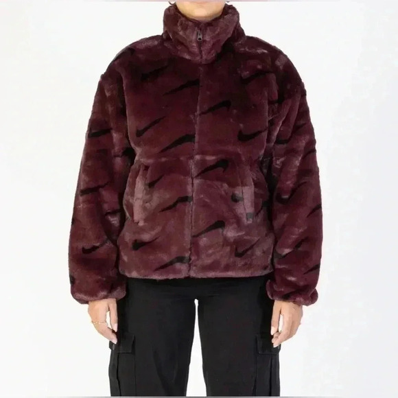 Nike womens sportswear faux fur allover print jacket in Burgundy crush size XS - Picture 1 of 4